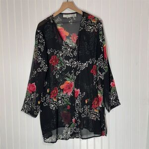 Venezia Vitale Sheer Floral Blouse 1X Black Red Rose Print Long Sleeve Plus Size